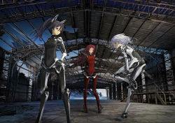 Rule 34 | 3girls, absurdres, armpits, arms behind back, arms behind head, blue eyes, blue hair, bodysuit, breasts, corrugated galvanized iron sheet, cyborg, highres, long hair, multiple girls, original, purple hair, red eyes, redjuice, road, ruins, small breasts, smile, street, twintails, vanishing point