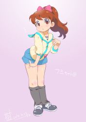 Rule 34 | 10s, 1girl, bow, brown eyes, brown hair, character name, dated, flat chest, hair bow, highres, inoue sora, kodama fumika, leaning forward, leg warmers, long hair, ponytail, shorts, solo, translation request, youkai watch
