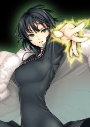 Rule 34 | 1girl, black dress, black hair, breasts, coat, dress, fubuki (one-punch man), glowing, glowing hand, green eyes, jewelry, necklace, one-punch man, short hair, smile, solo, tanaka shoutarou