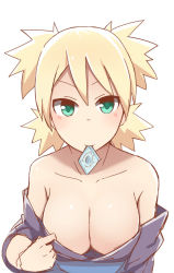 Rule 34 | 1girl, bare shoulders, blonde hair, blush, breasts, cleavage, condom, condom in mouth, eyebrows, green eyes, large breasts, long hair, looking at viewer, mouth hold, naruto, naruto (series), simple background, solo, temari (naruto), upper body, white background