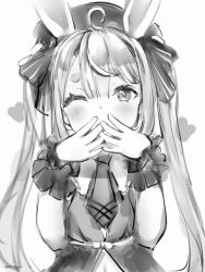 Rule 34 | 1girl, ahoge, animal ears, bad id, bad pixiv id, blush, bow, covering own mouth, dot nose, greyscale, hair bow, hands up, hat, heart, highres, long hair, looking at viewer, monochrome, nanashi (nlo), necktie, one eye closed, rabbit ears, short necktie, solo, tomari mari, tomari mari channel, two side up, upper body, virtual youtuber