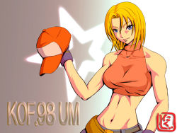 Rule 34 | 1girl, bare shoulders, baseball cap, belt, blonde hair, blue eyes, blue mary, breasts, crop top, gloves, halterneck, hat, holding, holding clothes, holding hat, large breasts, narrow waist, navel, nikuji-kun, short hair, snk, solo, taut clothes, the king of fighters, the king of fighters &#039;98, toned, unworn hat, unworn headwear