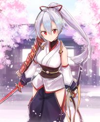 Rule 34 | fate/grand order, fate (series), frown, glaring, holding, holding sword, holding weapon, looking at viewer, o h miona, ponytail, red eyes, scabbard, sheath, slit pupils, solo, standing, sword, thighs, tomoe gozen (fate), weapon, white hair
