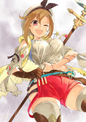 Rule 34 | 1girl, ;d, absurdres, atelier (series), atelier ryza, atelier ryza 1, bad id, bad pixiv id, belt, breasts, brown gloves, brown hair, brown thighhighs, cleavage, gloves, hair ornament, hairclip, hat, highres, inaba makoto, jewelry, large breasts, midriff, navel, necklace, one eye closed, open mouth, rain, red eyes, red shorts, reisalin stout, short shorts, shorts, single glove, smile, solo, star (symbol), thighhighs, thighs, wet, wet clothes, white hat, white thighhighs