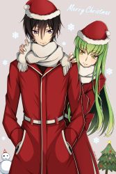 Rule 34 | 1boy, 1girl, black hair, c.c., christmas tree, coat, code geass, fang, fang out, fur trim, green hair, grey background, grey scarf, hair between eyes, hands in pockets, hands on another&#039;s shoulders, hat, highres, leaning to the side, lelouch vi britannia, long hair, lucky keai, merry christmas, purple eyes, red coat, red hat, santa costume, santa hat, scarf, smile, snowflakes, snowman, standing, very long hair, yellow eyes