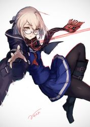 Rule 34 | 1girl, ahoge, artist name, artoria pendragon (all), artoria pendragon (fate), black-framed eyewear, black footwear, black pantyhose, black ribbon, blue skirt, boots, fate/grand order, fate (series), fringe trim, glasses, hair between eyes, hair ribbon, highres, knee boots, looking at viewer, mysterious heroine x alter (fate), mysterious heroine x alter (first ascension) (fate), neckerchief, outstretched arm, pantyhose, parted lips, plaid, plaid scarf, pleated skirt, ponytail, rean (r ean), red scarf, ribbon, saber (fate), scarf, school uniform, semi-rimless eyewear, serafuku, signature, skirt, solo, under-rim eyewear, white background