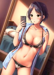 Rule 34 | 1girl, bed, bedroom, blue shirt, blush, bra, bracelet, breasts, cellphone, cleavage, collarbone, earrings, fingernails, gluteal fold, hayami kanade, highres, holding, holding phone, idolmaster, idolmaster cinderella girls, ikea shark, indoors, jewelry, lace, lace-trimmed bra, lace-trimmed panties, lace trim, mirror, navel, nazu-na, necklace, no pants, open clothes, open shirt, panties, parted bangs, phone, school uniform, selfie, shirt, short hair, short sleeves, skindentation, smartphone, solo, stomach, string panties, stuffed animal, stuffed shark, stuffed toy, underwear, white bra, white panties, yellow eyes