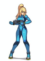 Rule 34 | 1girl, animated, animated gif, blonde hair, blue eyes, bracelet, breasts, full body, gun, heels, hybridmink, jewelry, large breasts, looking to the side, lowres, metroid, muscular arms, nintendo, plugsuit, ponytail, samus aran, serious, thighs, weapon, white background