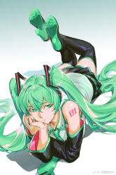 Rule 34 | 1girl, :/, absurdres, alternate hair color, bare shoulders, black footwear, black skirt, black sleeves, boots, collared shirt, crossed ankles, detached sleeves, feet up, full body, gradient background, green eyes, green hair, green nails, green necktie, hair between eyes, hair ornament, hatsune miku, head rest, high heels, highres, legs up, long hair, long sleeves, looking to the side, lying, miniskirt, necktie, on stomach, ruukii drift, shirt, shoe soles, shoulder tattoo, skirt, sleeveless, sleeveless shirt, solo, tattoo, the pose, thigh boots, twintails, very long hair, vocaloid, weibo logo, weibo watermark, white background, white shirt