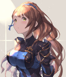 Rule 34 | 1girl, armor, bad id, bad pixiv id, beatrix (granblue fantasy), blue ribbon, blush, breasts, brown hair, closed mouth, commentary request, granblue fantasy, hair ribbon, highres, large breasts, long hair, long sleeves, looking at viewer, milli little, pauldrons, ponytail, ribbon, shoulder armor, sketch, solo, upper body, yellow eyes