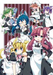 Rule 34 | 6+girls, ahoge, animal ears, apron, blonde hair, blue eyes, blue hair, boots, brown hair, cat ears, cat tail, cross-laced footwear, embarrassed, glasses, green hair, hair ribbon, hat, hime takeo, lace-up boots, long hair, maid, maid apron, maid headdress, multiple girls, original, ponytail, purple hair, red hair, ribbon, short hair, striped, striped background, tail, vertical stripes