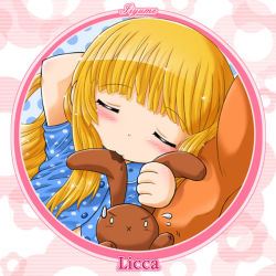 Rule 34 | 1990s (style), 1girl, :x, biting, blonde hair, blunt bangs, blush, child, circle, close-up, closed eyes, drooling, ear biting, flat chest, flower, grabbing another&#039;s ear, grabbing another's ear, hand on another&#039;s ear, holding by the ears, kayama licca, licca, long hair, lying, o o, on side, pajamas, pillow, polka dot, polka dot background, polka dot pajamas, rabbit, retro artstyle, round image, saliva, sleeping, solo, striped, striped background, stuffed animal, stuffed rabbit, stuffed toy, super doll licca-chan, sweatdrop, tokuda shinnosuke