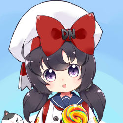 Rule 34 | 1girl, aged down, antonio da noli (zhan jian shao nyu), black hair, blue background, blush, bow, candy, cat, eyebrows, food, hat, highres, jacket, linda b, lollipop, looking at viewer, open mouth, purple eyes, red bow, sailor collar, short twintails, solo, teeth, twintails, warship girls r, white hat, white jacket