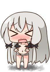Rule 34 | &gt; &lt;, 10s, 1girl, bandages, bare legs, barefoot, bat wings, black wings, blush, chibi, closed eyes, collarbone, covering privates, covering breasts, embarrassed, facing viewer, full body, grey hair, hair between eyes, hair ornament, hana kazari, long hair, naked bandage, navel, nose blush, open mouth, solo, sophie twilight, standing, tonari no kyuuketsuki-san, topless, very long hair, wavy mouth, white background, wings