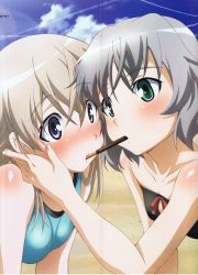 Rule 34 | 2girls, beach, blush, couple, crease, cropped, day, eila ilmatar juutilainen, food, green eyes, highres, megami magazine, multiple girls, non-web source, pocky, pocky kiss, sanya v. litvyak, scan, scan artifacts, shared food, short hair, silver hair, strike witches, swimsuit, tamura masafumi, world witches series, yuri