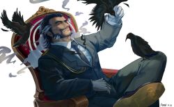 Rule 34 | 1boy, ahoge, aiguillette, beard, bird, black fire, black necktie, black pants, black suit, blue hair, chair, closed mouth, collared shirt, commentary, crossed legs, crow, daikoku (housamo), dark blue hair, dress shoes, epaulettes, facial hair, fire, foot out of frame, forked eyebrows, formal, gloves, halo, halo behind head, hand up, highres, looking at viewer, male focus, mature male, multicolored hair, muscular, muscular male, mustache, mutton chops, necktie, pants, red eyes, riner (rinerr r), shirt, short hair, sitting, socks, solo, suit, thick eyebrows, tokyo houkago summoners, two-tone hair, white background, white gloves, white hair, white shirt
