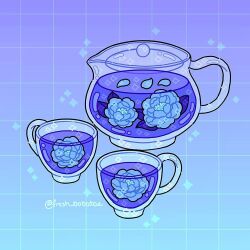 Rule 34 | bad id, bad instagram id, blue background, blue flower, blue theme, commentary, cup, emily kim, english commentary, flower, food focus, gradient background, grid background, instagram username, leaf, lotus, no humans, original, petals, purple background, simple background, sparkle, tea, teacup, teapot