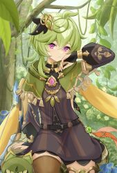 Rule 34 | 1girl, black dress, branch, brown thighhighs, capelet, closed mouth, collei (genshin impact), cuilein-anbar (genshin impact), dress, genshin impact, green capelet, green hair, highres, jewelry, long sleeves, looking at viewer, necklace, plant, purple eyes, scarf, shuvalun8, solo, sweatdrop, thighhighs, tree, vines, vision (genshin impact), yellow scarf