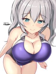 Rule 34 | 1girl, black one-piece swimsuit, blue eyes, blush, breasts, competition swimsuit, covered navel, dated, grey hair, highres, kantai collection, kashima (kancolle), large breasts, long hair, looking at viewer, montemasa, multicolored clothes, multicolored swimsuit, one-hour drawing challenge, one-piece swimsuit, purple one-piece swimsuit, solo, swimsuit, twintails, twitter username, two-tone swimsuit