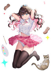 Rule 34 | 1girl, :q, absurdres, arms behind head, arms up, black hair, black thighhighs, blue eyes, bow, breasts, brown footwear, buttons, cat, character request, closed mouth, collared shirt, colored inner hair, commentary, crop top, crop top overhang, dress shirt, hair bow, hair ornament, hairclip, highres, hokori sakuni, indie virtual youtuber, loafers, long hair, looking at viewer, medium breasts, midriff, miniskirt, multicolored hair, navel, necktie, paintbrush, palette (object), panties, pink hair, pink skirt, plaid, plaid skirt, pleated skirt, shirt, shoes, short sleeves, skirt, smile, solo, thighhighs, thighs, tongue, tongue out, two-tone hair, underwear, virtual youtuber, wavy hair, white panties, white shirt