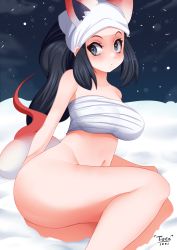 Rule 34 | akari (pokemon), animal ears, ass, bandages, bare arms, bare legs, bare shoulders, black eyes, black hair, bottomless, breasts, chest sarashi, closed mouth, creatures (company), expressionless, feet out of frame, game freak, head scarf, highres, large breasts, legs together, long hair, lying, midriff, navel, night, nintendo, on side, outdoors, pokemon, pokemon legends: arceus, ponytail, sarashi, sitting, snow, tiger1001, white headwear, winter, yokozuwari
