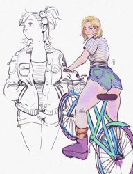 Rule 34 | 2girls, absurdres, alternate costume, android 18, ass, bicycle, bicycle basket, blonde hair, blue eyes, bomber jacket, boots, bulma, cowboy shot, dragon ball, dragonball z, dress, full body, hair bobbles, hair ornament, hands in pockets, highres, jacket, joy boy, looking at viewer, looking back, looking to the side, multiple girls, shirt, short hair, short shorts, shorts, socks, striped clothes, striped shirt, white background
