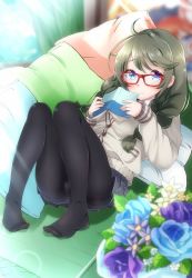 Rule 34 | 1girl, absurdres, blue eyes, book, cameltoe, couch, glasses, green hair, highres, looking at viewer, lying, misobon, pantyhose, princess connect!, smile, solo, upskirt, yuni (princess connect!), yuni (real) (princess connect!)