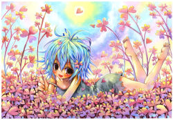 Rule 34 | 1girl, ahoge, barefoot, blue hair, blush, brown eyes, clover, clover hair ornament, emperpep, feet, female focus, flower, hair ornament, lying, nature, on stomach, open mouth, outdoors, painting (medium), sky, soles, solo, toes, traditional media, watercolor (medium)