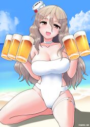 Rule 34 | 1girl, alcohol, bare arms, bare legs, bare shoulders, beach, beer, beer mug, blush, breasts, brown eyes, choker, cleavage, collarbone, cup, cypress, day, hair between eyes, hat, holding, holding cup, kantai collection, large breasts, light brown hair, long hair, looking at viewer, mug, ocean, one-piece swimsuit, open mouth, outdoors, pola (kancolle), smile, solo, swimsuit, thigh strap, twitter username, white choker, white hat, white one-piece swimsuit
