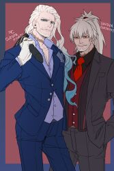 Rule 34 | 2boys, absurdres, alternate hairstyle, black jacket, black pants, black shirt, blonde hair, blue border, blue eyes, blue pants, blue shirt, border, buttoned cuffs, buttons, closed mouth, earrings, facial hair, fate/grand order, fate (series), formal, gloves, goatee, gradient hair, hair between eyes, highres, holding, ichifuji (zekkyousand), jacket, jewelry, long hair, male focus, multicolored hair, multiple boys, mustache, necktie, pants, ponytail, red background, red eyes, red necktie, red vest, scar, scar on neck, shirt, suit, vest, vlad iii (fate/apocrypha), vlad iii (fate/extra), white gloves
