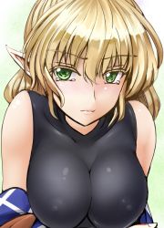 Rule 34 | 1girl, bare shoulders, blonde hair, breasts, colored eyelashes, covered erect nipples, female focus, gradient background, green eyes, impossible clothes, impossible shirt, large breasts, looking at viewer, mizuhashi parsee, pointy ears, see-through, shirt, short hair, skin tight, solo, tears, touhou, upper body, y2