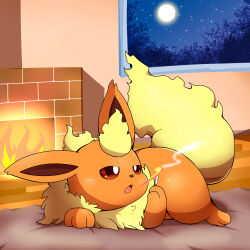 Rule 34 | animal focus, breath weapon, breathing fire, cigarette, creatures (company), fire, fireplace, flareon, fluffy, full moon, game freak, gen 1 pokemon, half-closed eyes, highres, holding, holding cigarette, indoors, moon, night, nintendo, no humans, open mouth, orange fur, pokemon, pokemon (creature), red eyes, smoke, smoking, solo, star (sky), tatu wani, window, wooden floor