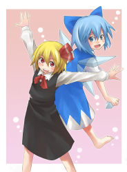 Rule 34 | 2girls, bad id, bad pixiv id, blonde hair, blue eyes, blue hair, cirno, embodiment of scarlet devil, female focus, highres, multiple girls, outstretched arms, red eyes, ribbon, rumia, short hair, spread arms, touhou, wings, yuuta (tokoton hirune hiyori)