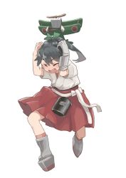 Rule 34 | 1girl, aged down, black hair, covering head, high ponytail, houshou (kancolle), japanese clothes, kantai collection, kneehighs, matsutani, open mouth, sash, simple background, socks, solo, standing, white background, white socks