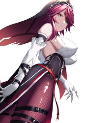 Rule 34 | 1girl, bare shoulders, belt buckle, black skirt, breasts, buckle, claw ring, closed mouth, commentary, covered erect nipples, elbow gloves, from side, genshin impact, gloves, highres, large breasts, looking at viewer, looking to the side, nun, pantyhose, purple hair, purple pantyhose, red eyes, rororo, rosaria (genshin impact), shiny clothes, shirt, simple background, skirt, solo, standing, thigh strap, thighs, tiara, veil, white background, white shirt