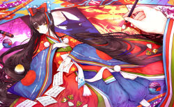 Rule 34 | 1girl, ball, black hair, bow, calligraphy brush, fate/grand order, fate (series), hair bow, highres, japanese clothes, karaginu mo, kimono, layered clothes, layered kimono, long hair, lying, on back, paintbrush, paper, purionpurion, scroll, sei shounagon (fate), sei shounagon (third ascension) (fate), shell, signature, smile, solo, very long hair, wide sleeves, yellow eyes