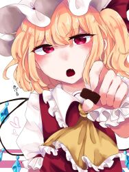 Rule 34 | 1girl, ascot, collared shirt, crystal, fang, flandre scarlet, food, frilled ascot, frilled shirt collar, frilled sleeves, frills, hair between eyes, hat, hat ribbon, head tilt, heart, holding, holding food, incoming food, kuromame1025, looking at viewer, medium hair, mob cap, one side up, open mouth, puffy short sleeves, puffy sleeves, red eyes, red ribbon, red vest, ribbon, shirt, short sleeves, sleeve ribbon, solo, touhou, upper body, vest, white background, white hat, white shirt, wings, wrist cuffs, yellow ascot
