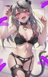 Rule 34 | 1girl, animal ears, black bra, black choker, blush, bra, braid, breasts, cat ears, cat tail, choker, cleavage, crossed legs, earrings, heart, heart necklace, highres, hololive, jewelry, large breasts, lingerie, long hair, looking at viewer, navel, necklace, omoti (1201208), open mouth, paw pose, red eyes, red nails, ringed eyes, sakamata chloe, solo, standing, stomach, tail, thigh strap, thighs, tooth, underwear, virtual youtuber, watson cross, white hair