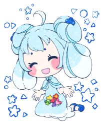 Rule 34 | 1girl, ^ ^, ahoge, alcremie, alcremie (berry sweet), alcremie (mint cream), blue bow, blue capelet, blue dress, blue footwear, blue hair, blue theme, blush, blush stickers, bow, capelet, circle, closed eyes, clover, creatures (company), diamond (shape), double bun, dress, female focus, flower, food, four-leaf clover, fruit, full body, game freak, gen 8 pokemon, hair bobbles, hair bun, hair ornament, hands up, happy, heart, muguet, multicolored hair, nintendo, open mouth, orange flower, personification, pokemon, shoes, sidelocks, sitting, smile, solo, sparkle, star (symbol), strawberry, streaked hair, triangle, wariza, white background, white hair