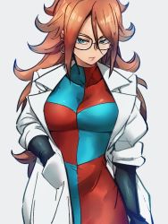 Rule 34 | 1girl, android 21, black-framed eyewear, blue eyes, breasts, checkered clothes, checkered dress, dragon ball, dragon ball fighterz, dress, earrings, glasses, grey background, hand in pocket, hoop earrings, jewelry, kemachiku, lab coat, long hair, looking at viewer, medium breasts, red hair, simple background, solo