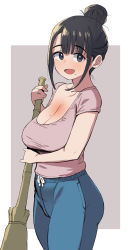 Rule 34 | :d, absurdres, bamboo broom, bare arms, black eyes, blue pants, blunt bangs, border, breasts, broom, cameltoe, cleavage, collarbone, cowboy shot, drawstring, from side, geso smith, grey background, hair bun, hands up, highres, holding, holding broom, large breasts, looking at viewer, looking to the side, mole, mole on breast, mole under mouth, open mouth, outside border, pants, parted bangs, pink shirt, sagging breasts, shirt, shirt tucked in, simple background, single hair bun, smile, solo, standing, sweatpants, tan, tight clothes, tight pants, white border