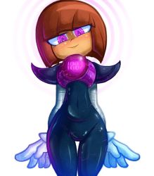 Rule 34 | 1girl, android, bodysuit, brown hair, cosplay, frisk (undertale), heart, heart-shaped pupils, joints, mettaton (cosplay), percentage, purple eyes, robot joints, shoulder pads, solo, sweat, symbol-shaped pupils, undertale