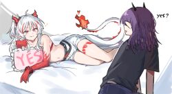 Rule 34 | 2girls, ahoge, arknights, arm tattoo, bandeau, bead bracelet, beads, black shirt, bracelet, braid, colored skin, commentary request, demon horns, dragon girl, dragon horns, dragon tail, fang, fang out, flame-tipped tail, highres, horns, jewelry, lava (arknights), lava the purgatory (arknights), leg tattoo, long hair, looking at viewer, lying, mabing, medium hair, multicolored hair, multiple girls, navel, nian (arknights), official alternate costume, on side, ponytail, purple eyes, purple hair, red bandeau, red skin, shirt, shorts, skin fang, stomach, streaked hair, tail, tattoo, white hair, white shorts, yes, yes-no pillow