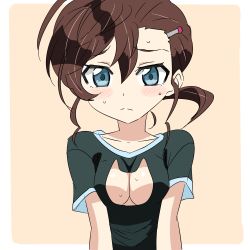 Rule 34 | 1girl, blush, border, breasts, brown hair, cleavage, cleavage cutout, closed mouth, clothing cutout, frown, gegege no kitarou, hair ornament, hairclip, highres, inuyama mana, looking at viewer, medium breasts, outside border, short hair, side ponytail, solo, sweat, tekisui, upper body, white border