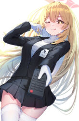 Rule 34 | 1girl, :q, aiming, aiming at viewer, barcode, black jacket, black skirt, blonde hair, blue archive, bright pupils, controller, cosplay, gloves, halo, highres, holding, holding remote control, id card, jacket, long hair, one eye closed, pink halo, pleated skirt, primamiya, remote control, rio (blue archive), rio (blue archive) (cosplay), shokuhou misaki, skirt, solo, sparkling eyes, spider web print, star-shaped pupils, star (symbol), star halo, sweater, symbol-shaped pupils, thigh gap, thighhighs, toaru kagaku no railgun, toaru majutsu no index, tongue, tongue out, turtleneck, turtleneck sweater, very long hair, white gloves, white pupils, white sweater, white thighhighs, yellow eyes