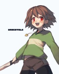 Rule 34 | 1other, androgynous, bad id, bad pixiv id, blush, brown hair, chara (undertale), heart, jewelry, knife, looking at viewer, necklace, open mouth, oshiruko (tsume), pantyhose, red eyes, shirt, short hair, shorts, simple background, smile, solo, striped clothes, striped shirt, striped sweater, sweater, undertale