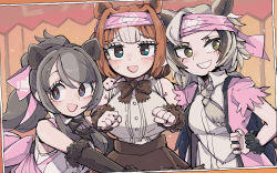 Rule 34 | 3girls, absurdres, animal ears, bear ears, bear girl, bergman&#039;s bear (kemono friends), blush, bow, bowtie, bright pupils, brown bow, brown bowtie, brown eyes, brown hair, character request, check character, ezo brown bear (kemono friends), grey hair, grin, hair intakes, headband, highres, kanmoku-san, kemono friends, kodiak bear (kemono friends), long hair, looking at viewer, multicolored hair, multiple girls, open mouth, parted lips, ponytail, short hair, smile, teeth, white hair, white pupils