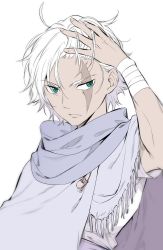 Rule 34 | 1boy, bracelet, cape, green eyes, highres, jewelry, looking at viewer, male focus, oboro keisuke, octopath traveler, octopath traveler i, scar, short hair, simple background, smile, solo, spoilers, therion (octopath traveler), white hair