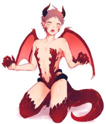 Rule 34 | 1boy, ahoge, alternate costume, amido (compassion273), bare shoulders, blush, brown hair, claws, collarbone, commentary request, danganronpa (series), danganronpa 2: goodbye despair, dragon boy, dragon horns, dragon tail, dragon wings, fangs, full body, grey background, hands up, highres, hinata hajime, horns, kneeling, looking at viewer, male focus, monster boy, navel, open mouth, scales, short hair, simple background, solo, tail, white background, wings, yellow eyes