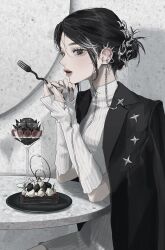 Rule 34 | 1girl, arm warmers, black eyes, black hair, black jacket, black nails, cake, chain, chain earrings, dress, ear piercing, food, fork, hair bun, hair ornament, hands up, highres, holding, holding fork, jacket, jacket on shoulders, kirochy, looking at viewer, nail polish, original, parfait, parted bangs, parted lips, piercing, plate, short dress, short hair, sitting, solo, spike piercing, strawberry cake, table, upper body, white arm warmers, white dress, zipper, zipper pull tab